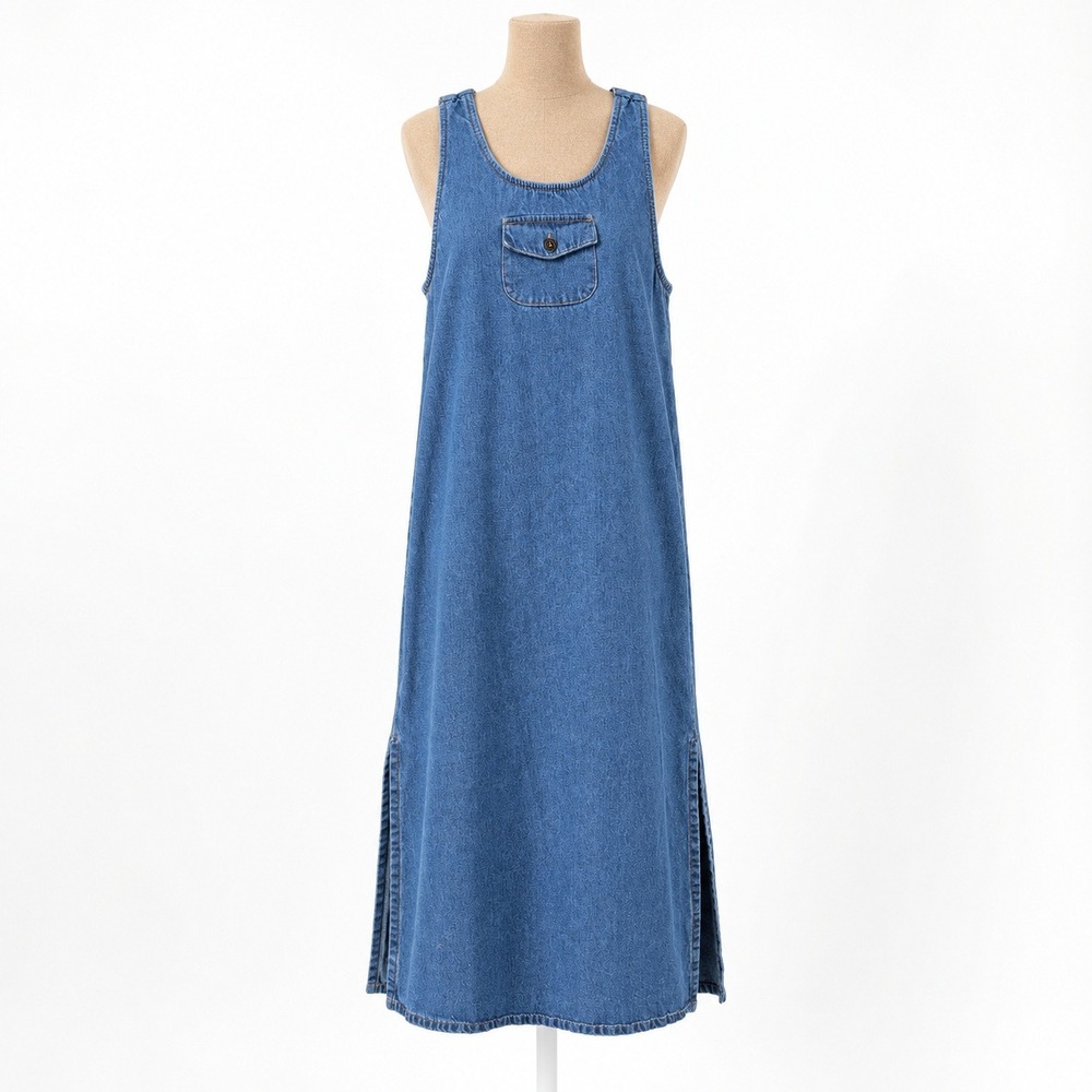 Vintage 90s Denim Maxi Jumper Dress Size M Sleeveless Pocket Cottagecore Granola